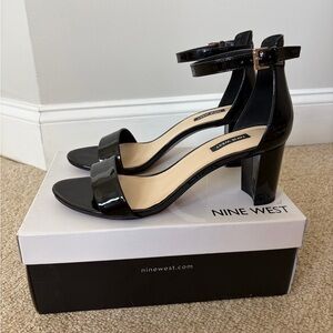 Nine West Black Patent Ankle-Strap Block Heels